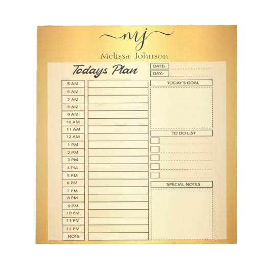 エレガントイニシャル金ゴールド日プランナーシート ノートパッド (正面)