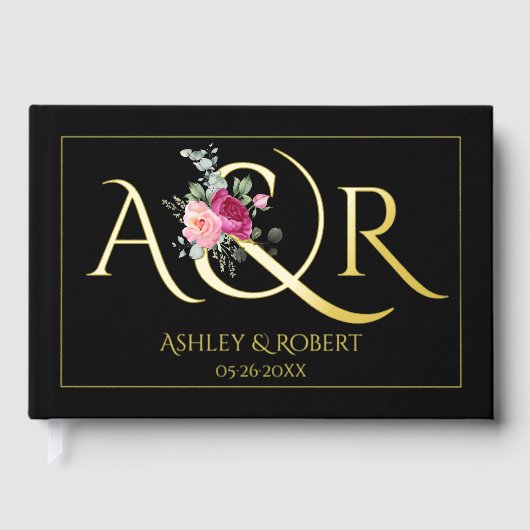 エレガントイニシャル、ピンクのバラの黒結婚の写真 ゲストブック (正面)