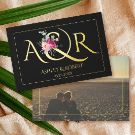 エレガントイニシャル、ピンクのバラの黒結婚の写真 ゲストブック