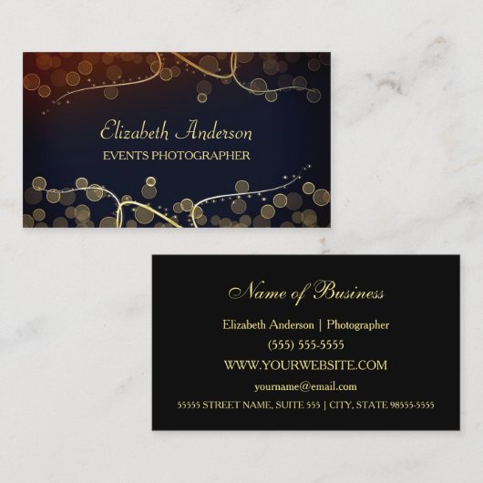 エレガントイベントフォトグラファー黒と金ゴールド《写真》ぼけ味 名刺 (正面/裏面)