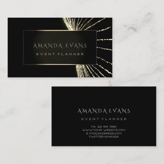 エレガントイベントプランナーブラックフレーミングゴールデンライト 名刺 (正面/裏面)