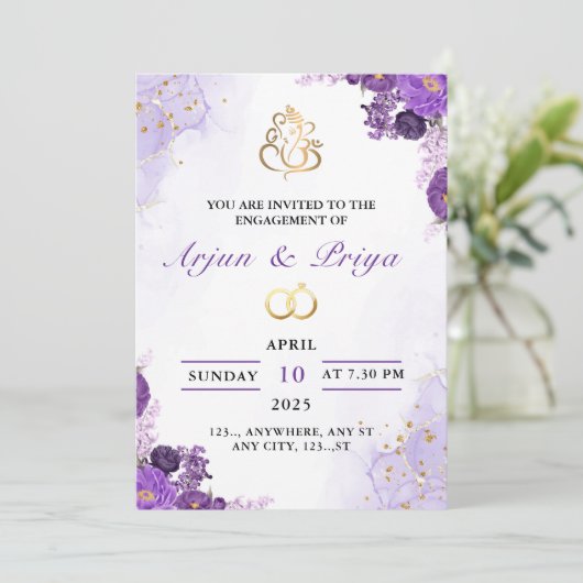 エレガントインディアンパープルフローラ婚約招待状 招待状 (スタンド正面)