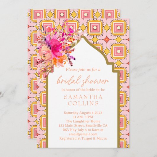 エレガントインディアンピンクイエローフラワーブライダル 招待状 (正面/裏面)