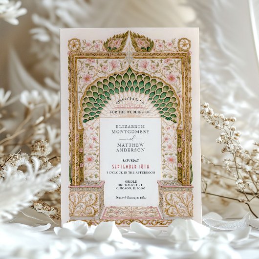 エレガントインディアン結婚のフローラアーチ模様 招待状