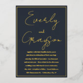 エレガントインディゴブルー&金ゴールド結婚ズ 箔招待状 (正面)