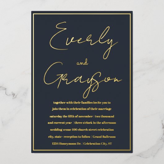 エレガントインディゴブルー&金ゴールド結婚ズ 箔招待状 (正面)