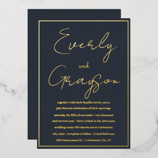 エレガントインディゴブルー&金ゴールド結婚ズ 箔招待状 (正面/裏面)