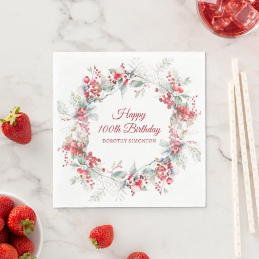 エレガントウィンターベリーボタニカル100誕生日 スタンダードランチョンナプキン (インサイチュ)