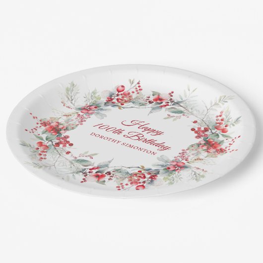 エレガントウィンターベリーボタニカル100誕生日 ペーパープレート (アングル)