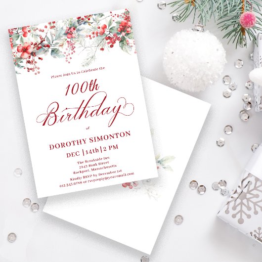 エレガントウィンターベリーボタニカル100誕生日 招待状