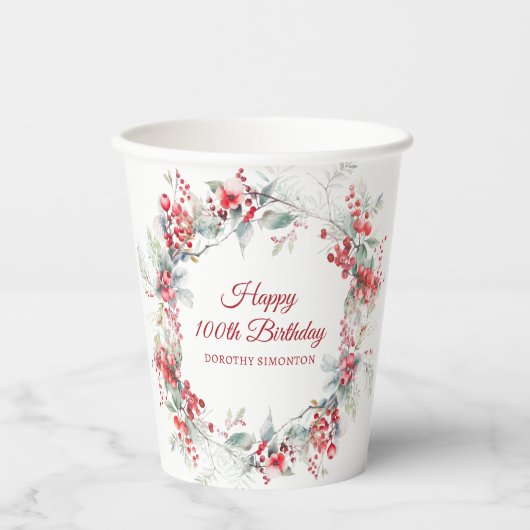 エレガントウィンターベリーボタニカル100誕生日 紙コップ (正面)