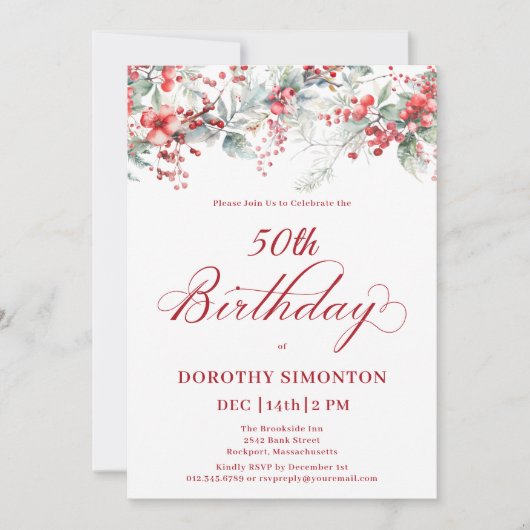 エレガントウィンターベリーボタニカル50誕生日 招待状 (正面)