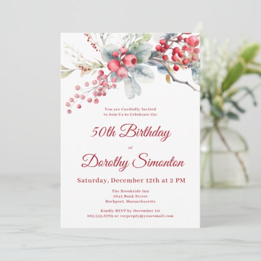 エレガントウィンターベリーボタニカル50誕生日 招待状 (スタンド正面)