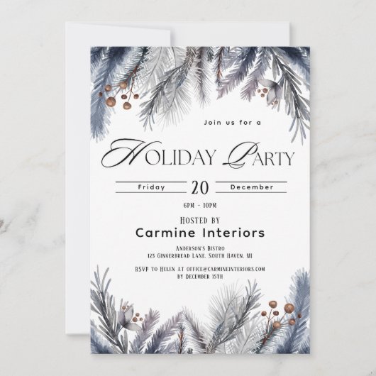 エレガントウィンターボタニカル企業のオフィスホリデイ 招待状 (正面)