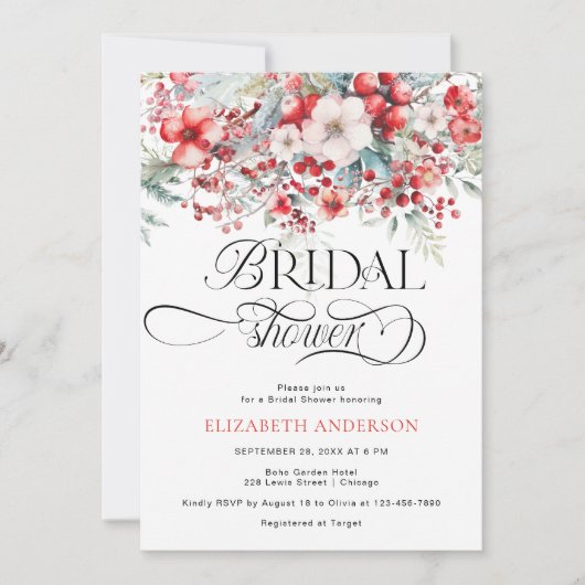 エレガントウィンターレッドとグリーンブライダルシャワー 招待状 (正面)