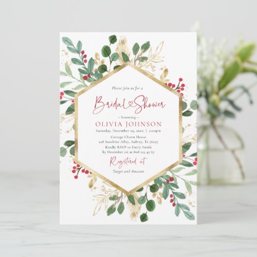 エレガントウィンターレッド金ゴールドクリスマスブライダルシャワー 招待状 (スタンド正面)