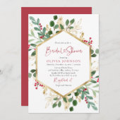 エレガントウィンターレッド金ゴールドクリスマスブライダルシャワー 招待状 (正面/裏面)
