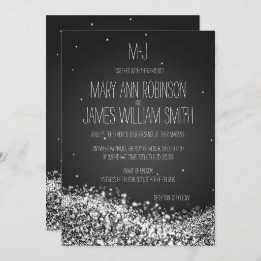 エレガントウェディきらめくングウェーブブラック 招待状 (正面/裏面)