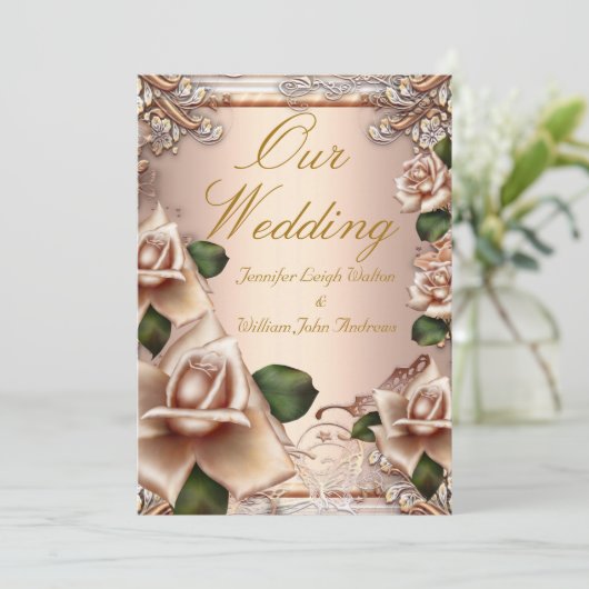 エレガントウェディングかわいらしベージュクリーム金ゴールドバラ 招待状 (スタンド正面)