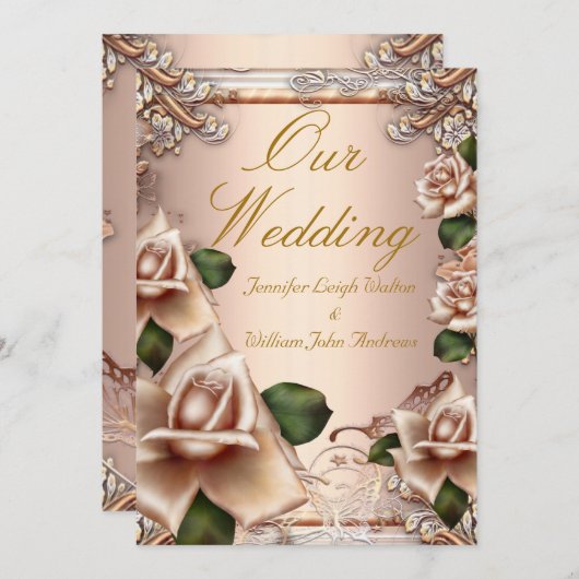 エレガントウェディングかわいらしベージュクリーム金ゴールドバラ 招待状 (正面/裏面)