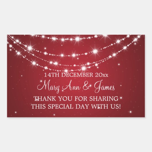 エレガントウェディングきらめくメッセージカードチェーンレッド 長方形シール (正面)