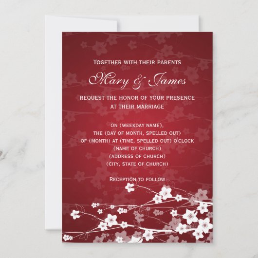 エレガントウェディングさくらんぼブロッサムレッド 招待状 (裏面)