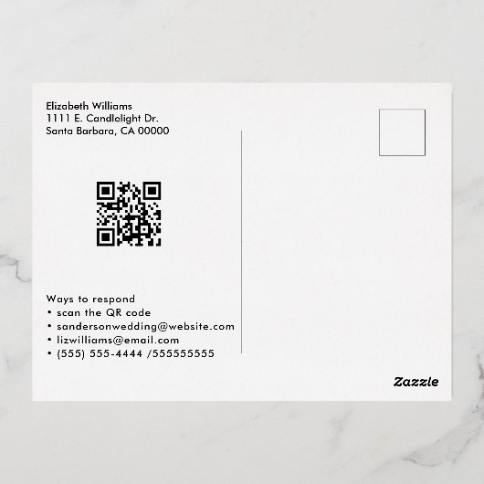 エレガントウェディングとRSVPルビーレッド金ゴールド離れ 箔招待状ポストカード (裏面)