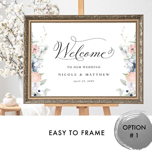 エレガントウェディングウェルカムサインブルーコーラルフローラ ポスター