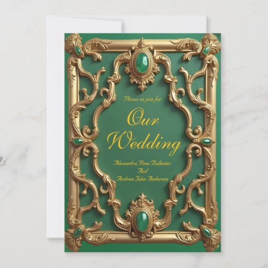 エレガントウェディングエメラルドグリーンジェム華美金ゴールド 招待状 (正面)