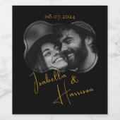 エレガントウェディングカスタムフォトブラックと金ゴールド ワインラベル (シングルラベル)