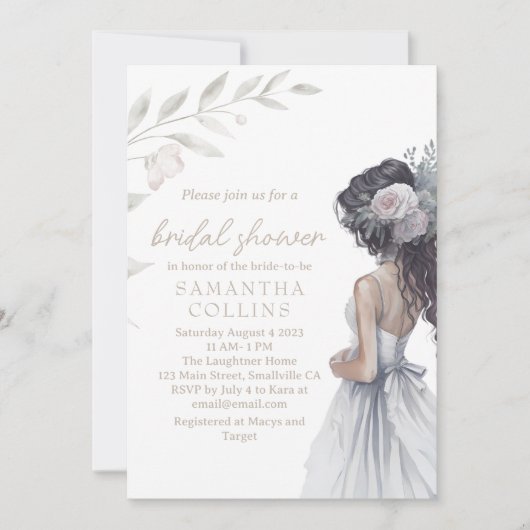 エレガントウェディングガウンウォーターカラーブライダルシャワー 招待状 (正面)