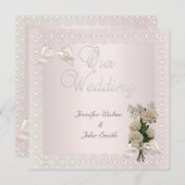 エレガントウェディングクリームピンクレースボウバラ 招待状