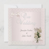 エレガントウェディングクリームピンクレースボウバラ 招待状 (正面)