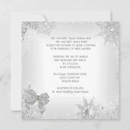 エレガントウェディンググリッターシルバーホワイトボウ 招待状 (裏面)