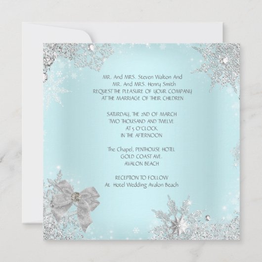 エレガントウェディンググリッターティール（緑がかった色）シルバーホワイトボウ 招待状 (裏面)