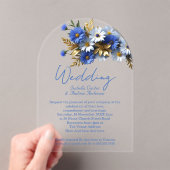エレガントウェディングコーンフラワーブルーホワイト金ゴールド アクリル招待状 (インサイチュ (ポータブル))