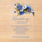 エレガントウェディングコーンフラワーブルーホワイト金ゴールド アクリル招待状 (正面)