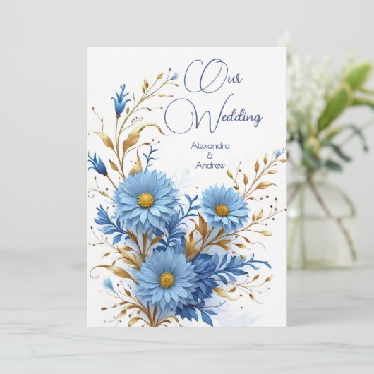 エレガントウェディングコーンフラワーブルー金ゴールド花模様 招待状 (スタンド正面)