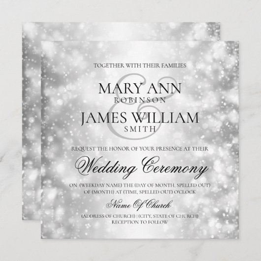 エレガントウェディングシルバーきらめくライト 招待状 (正面/裏面)