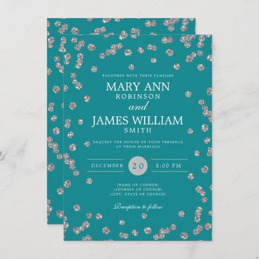 エレガントウェディングシルバーグリッター紙吹雪ティール(緑がかった色) 招待状 (正面/裏面)