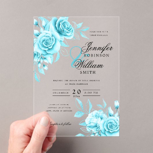 エレガントウェディングターコイズバラフローラテーマ アクリル招待状 (インサイチュ (ポータブル))