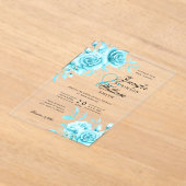 エレガントウェディングターコイズバラフローラテーマ アクリル招待状 (レイダウン)
