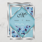 エレガントウェディングティール（緑がかった色）パープルバラシルバーブーケ2 招待状 (正面/裏面)