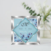 エレガントウェディングティール(緑がかった色)パープルバラシルバーブーケ 招待状 (スタンド正面)