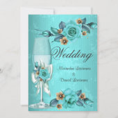 エレガントウェディングティール（緑がかった色）ブルーシャンパンバラ花 招待状 (正面)