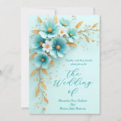 エレガントウェディングティール(緑がかった色)ブルーホワイト金ゴールド花 招待状 (正面)
