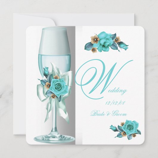 エレガントウェディングティール（緑がかった色）ホワイトベージュバラシャンパン 招待状 (正面)