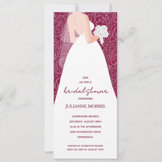エレガントウェディングドレスブライダルシャワークランベリー 招待状 (正面)