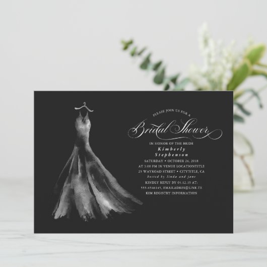 エレガントウェディングドレスブラックブライダルシャワー 招待状 (スタンド正面)