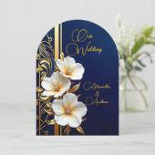 エレガントウェディングネイビーブルー金ゴールドダイヤモンドフローラ 招待状 (スタンド正面)